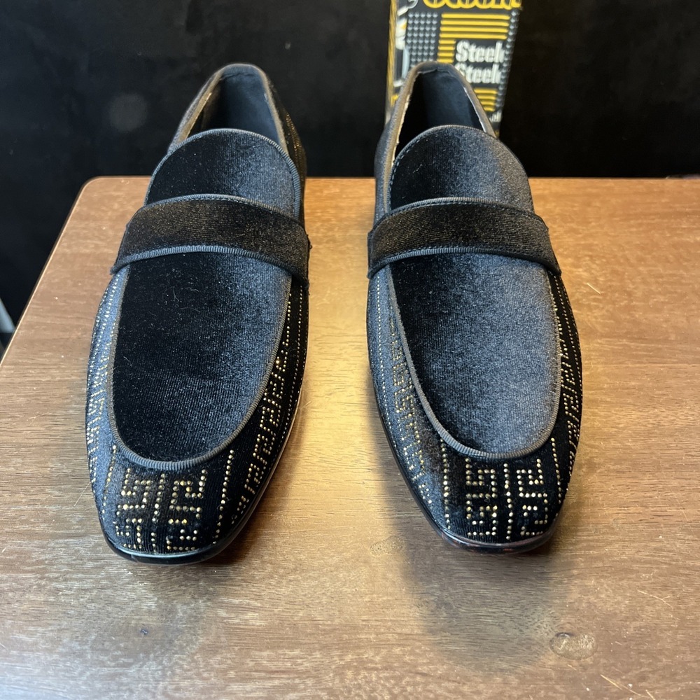 AM Exclusive Vincent Black And Gold Greek Key Venetian Loafer Size 9.5 - Picture 6 of 7